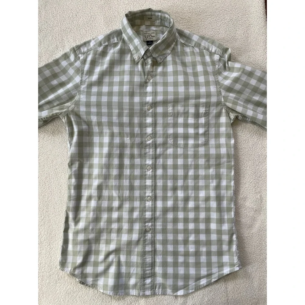 J.Crew Mens Small Secret Wash Button Down Shirt Green Gingham Check Slim Stretch